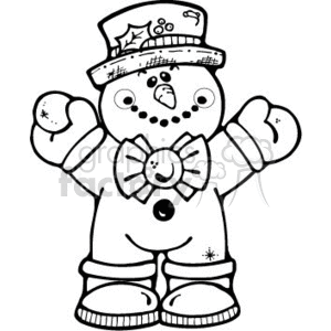 This clipart image depicts a black and white line drawing of a snowman. The snowman is wearing a top hat adorned with a star and holly, smiling with a carrot nose and dotted eyes, and appears to have coal buttons. It also has a scarf, a chunky bow tie with a bell, mittens, and boots.