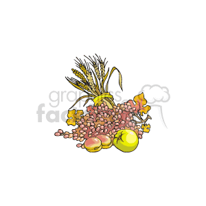 This clipart image depicts a harvest-themed composition that includes a sheaf of wheat, an assortment of fruits that encompasses apples and grapes, and autumn leaves. These elements are commonly associated with the Thanksgiving holiday, representing the fall harvest and abundance.