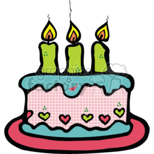 The image shows a clipart of a birthday cake in a country style. The cake has a pastel pink base with a pattern that could resemble gingham, and is topped with a layer of blue icing decorated with green hearts and dots. There are three candles in shades of green with flames on top, suggesting a celebration for a third birthday or a third anniversary. The cake sits on a red plate or cake stand. It's a whimsical and cartoony depiction, suitable for birthdays, holidays, and anniversaries themes.