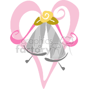 The clipart image features two silver-colored wedding bells tied together with a gold ribbon at the top. Surrounding the bells are decorative pink elements that appear to be stylized loops or hearts. 
