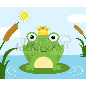 The clipart image depicts a cartoon-style green frog sitting contentedly on a lily pad in a body of water, likely a swamp or pond. The frog is wearing a golden crown, suggesting it is a king or prince character. In the background, there are two cattails or bulrushes, a blue sky with the sun shining and a few clouds, creating a cheerful and royal-themed scene.
