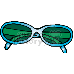 The clipart image shows a pair of sunglasses. These are glasses with dark or tinted lenses that protect the eyes from the brightness of the sun. They have a typical design with two lenses connected by a bridge, and arms (or temples) that extend over the ears to hold the glasses in place. The frame is blue, and the lenses are green, with reflections indicated by lighter streaks. This pair of sunglasses could be a fashion accessory or used for eye protection against sunlight.