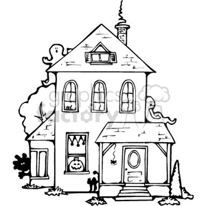 The clipart image shows a two-story house that is designed to look spooky and may be intended to represent a haunted house. Key features include:
- Ghosts: There are two stylized ghost figures, one on each side of the house, seeming to float in the air.
- Windows: The windows have a classic haunted look, with the upper windows resembling eyes, adding to the spooky effect.
- Pumpkin: There is a pumpkin with a carved face on the porch, reminiscent of a jack-o'-lantern, commonly associated with Halloween.
- Spider and web: There's a small spider hanging from the bottom of a window, and it appears there's a web in the upper window, adding to the haunted house theme.
- Chimney: The house has a tall, thin chimney with what seems to be a small puff of smoke coming out, giving the house a lived-in or mysterious look.
- Trees and bushes: Bare trees and bushes are included in the surrounding area, which contributes to the eerie atmosphere often associated with haunted scenes.