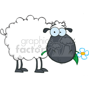 The clipart image depicts a cute, cartoon-style sheep with a large, fluffy white body and a black face. The sheep has big, round, blue eyes and a tuft of hair on top of its head, giving it a humorous look. It has a thin tail on the back and appears to be standing upright on four legs. Additionally, the sheep is holding a flower in its mouth, which has a blue petal, yellow center, and a green stem with leaves.