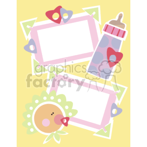 The clipart image displays a couple of decorative frames, each adorned with motifs associated with babies or infants. There are two rectangular frames with pointed corners; each frame is bordered with pastel colors. Alongside these frames are illustrations of baby-related items:
1. At the top of the image, there's a depiction of a baby bottle adorned with a heart.
2. To the bottom left, there is a stylized image of a cartoon baby's face with rosy cheeks and a pacifier, surrounded by a flower-like outline.
The overall theme of the image suggests it's designed for baby-related events or announcements, possibly for use in invitations, photo albums, or birth announcements.