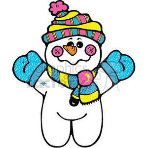 The clipart image shows a cheerful snowman wearing a colorful striped hat with a pom-pom, a scarf, and mittens. The snowman has a carrot nose, a big smile, rosy cheek buttons