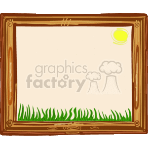 This image features a cartoonish clipart border or frame. The border appears to be made of wood, with wooden textures and plank details. At the bottom of the frame, there's a depiction of green grass. In the upper right corner, there's a simple, stylized yellow sun. The center of the frame is left blank, likely to allow for text or other images to be inserted within the wooden frame.
