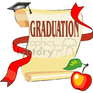 The clipart image depicts a parchment diploma scroll with a red ribbon. The word GRADUATION is printed across it. On top of the scroll rests a black graduation cap (mortarboard) with a tassel. Beside the scroll is an apple with a green leaf, symbolizing education.