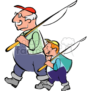 The clipart image depicts a child and an elderly man, possibly a grandfather and grandson, walking together with fishing poles over their shoulders. They both appear happy, suggesting a bonding activity or a family outing. The elder is dressed casually with a hat, and they both have vests on, indicating readiness for an outdoor activity.
