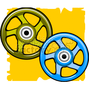 This clipart image contains two stylized car rims. One rim is depicted in green and the other in blue. Each wheel is designed with a central hub and multiple spokes that radiate outwards towards the rim's edge. The background is yellow with a jagged edge, possibly suggesting a torn piece of paper or a stylistic design choice.